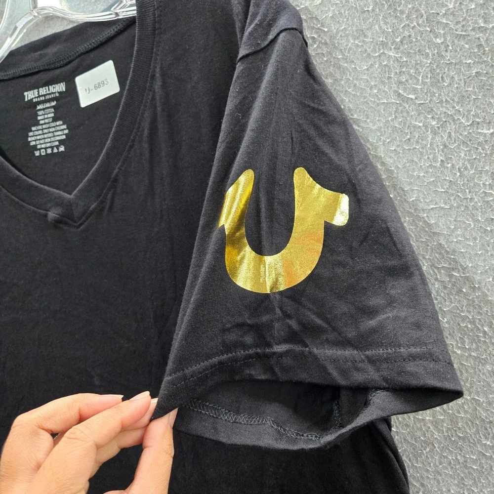 True Religion Men Shirt Medium Black‎ Golden Logo Short Sleeve V Neck Tee